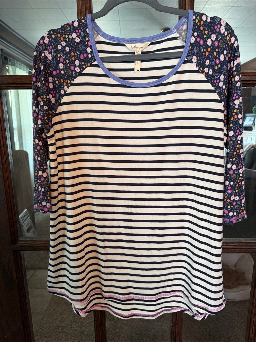Matilda Jane XL Floral Striped Raglan 3/4 Sleeve Top Mixed Print Navy White Pink